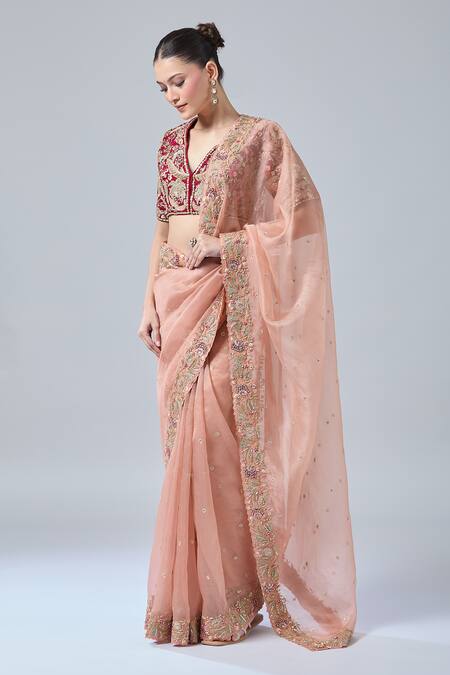 Shop Azeera Red Silk Sequins, Cut Work, Beads V-neck Floral Embroidered Saree With Blouse Online at Aza Fashions Shop_Azeera_Red Silk Sequins, Cut Work, Beads V-neck Floral Embroidered Saree With Blouse_Online_at_Aza_Fashions