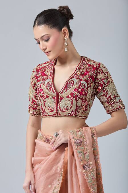 Azeera Red Silk Sequins, Cut Work, Beads V-neck Floral Embroidered Saree With Blouse at Aza Fashions Azeera_Red Silk Sequins, Cut Work, Beads V-neck Floral Embroidered Saree With Blouse_at_Aza_Fashions
