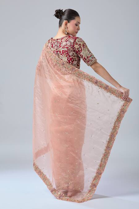 Shop Azeera Red Silk Sequins, Cut Work, Beads V-neck Floral Embroidered Saree With Blouse at Aza Fashions Shop_Azeera_Red Silk Sequins, Cut Work, Beads V-neck Floral Embroidered Saree With Blouse_at_Aza_Fashions