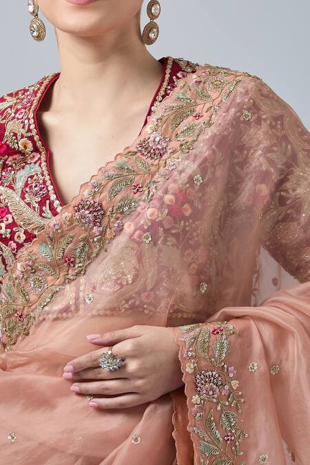 Buy Azeera Red Silk Sequins, Cut Work, Beads V-neck Floral Embroidered Saree With Blouse Buy_Azeera_Red Silk Sequins, Cut Work, Beads V-neck Floral Embroidered Saree With Blouse