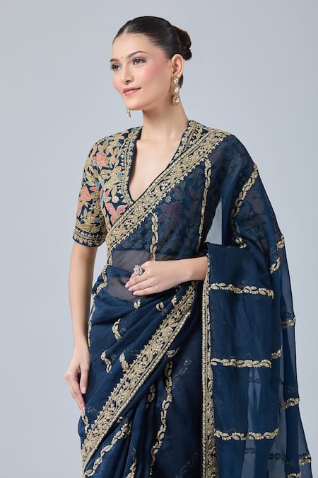 Azeera Blue Chiffon Diamonds, Embroidery, Sequins V-neck Floral Saree Set Online at Aza Fashions Azeera_Blue Chiffon Diamonds, Embroidery, Sequins V-neck Floral Saree Set _Online_at_Aza_Fashions