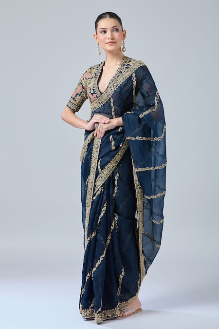 Shop Azeera Blue Chiffon Diamonds, Embroidery, Sequins V-neck Floral Saree Set Online at Aza Fashions Shop_Azeera_Blue Chiffon Diamonds, Embroidery, Sequins V-neck Floral Saree Set _Online_at_Aza_Fashions