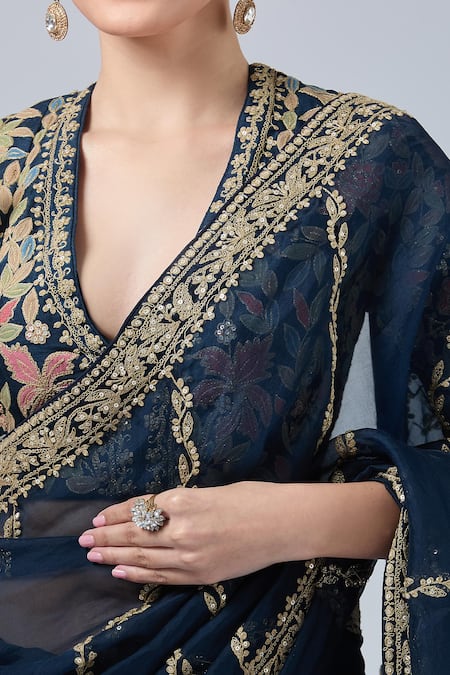 Azeera Blue Chiffon Diamonds, Embroidery, Sequins V-neck Floral Saree Set at Aza Fashions Azeera_Blue Chiffon Diamonds, Embroidery, Sequins V-neck Floral Saree Set _at_Aza_Fashions