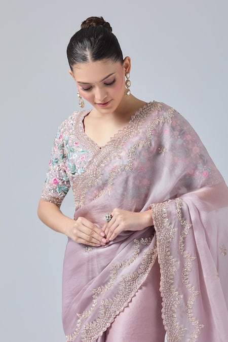 Azeera Purple Silk Sequins, Beads, Cut Work, Embroidery Lilac Saree And Floral Blouse Online at Aza Fashions Azeera_Purple Silk Sequins, Beads, Cut Work, Embroidery Lilac Saree And Floral Blouse _Online_at_Aza_Fashions