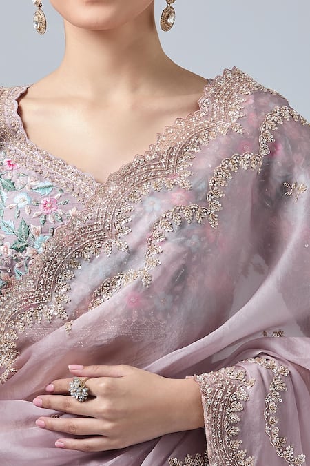 Buy Azeera Purple Silk Sequins, Beads, Cut Work, Embroidery Lilac Saree And Floral Blouse Online at Aza Fashions Buy_Azeera_Purple Silk Sequins, Beads, Cut Work, Embroidery Lilac Saree And Floral Blouse _Online_at_Aza_Fashions