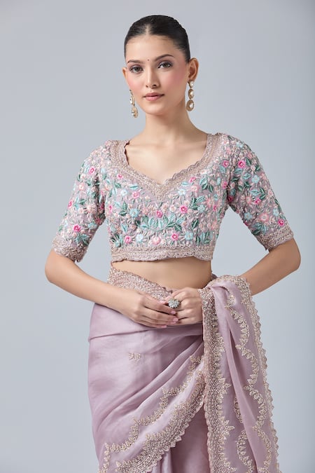 Shop Azeera Purple Silk Sequins, Beads, Cut Work, Embroidery Lilac Saree And Floral Blouse Online at Aza Fashions Shop_Azeera_Purple Silk Sequins, Beads, Cut Work, Embroidery Lilac Saree And Floral Blouse _Online_at_Aza_Fashions