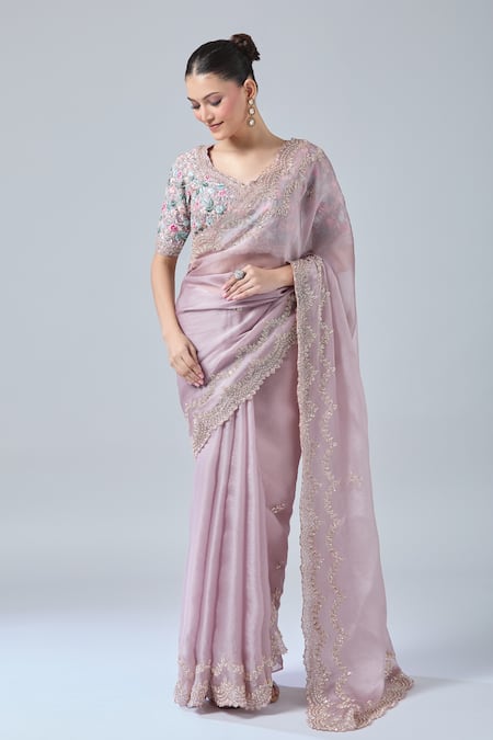 Azeera Purple Silk Sequins, Beads, Cut Work, Embroidery Lilac Saree And Floral Blouse at Aza Fashions Azeera_Purple Silk Sequins, Beads, Cut Work, Embroidery Lilac Saree And Floral Blouse _at_Aza_Fashions