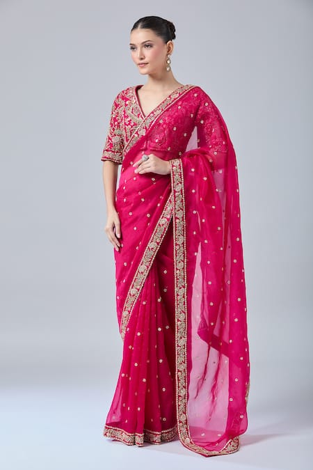 Azeera Pink Diamonds, Embroidery, Sequins V-neck Floral Dori Saree Set Online at Aza Fashions Azeera_Pink Diamonds, Embroidery, Sequins V-neck Floral Dori Saree Set _Online_at_Aza_Fashions