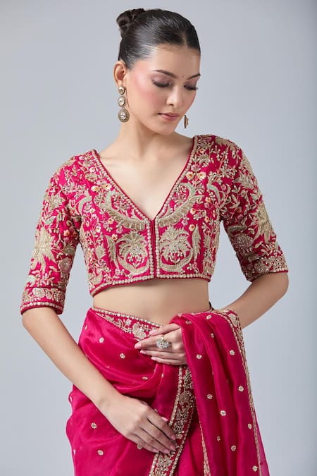 Buy Azeera Pink Diamonds, Embroidery, Sequins V-neck Floral Dori Saree Set Online at Aza Fashions Buy_Azeera_Pink Diamonds, Embroidery, Sequins V-neck Floral Dori Saree Set _Online_at_Aza_Fashions