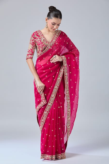 Shop Azeera Pink Diamonds, Embroidery, Sequins V-neck Floral Dori Saree Set Online at Aza Fashions Shop_Azeera_Pink Diamonds, Embroidery, Sequins V-neck Floral Dori Saree Set _Online_at_Aza_Fashions