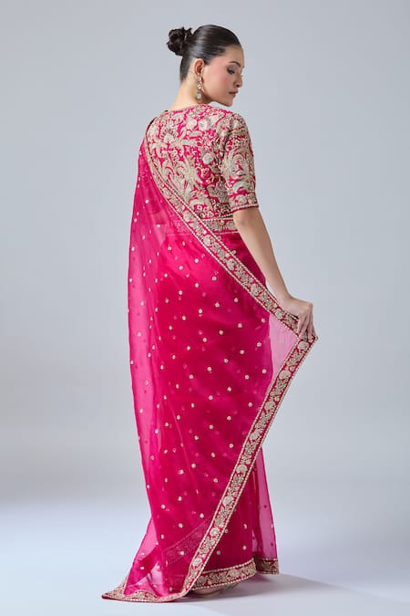 Shop Azeera Pink Diamonds, Embroidery, Sequins V-neck Floral Dori Saree Set at Aza Fashions Shop_Azeera_Pink Diamonds, Embroidery, Sequins V-neck Floral Dori Saree Set _at_Aza_Fashions