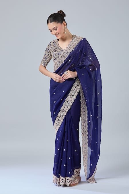 Azeera_Blue Chiffon, Georgette Embroidery, Diamonds, Sequins Floral Saree With Blouse _Online_at_Aza_Fashions