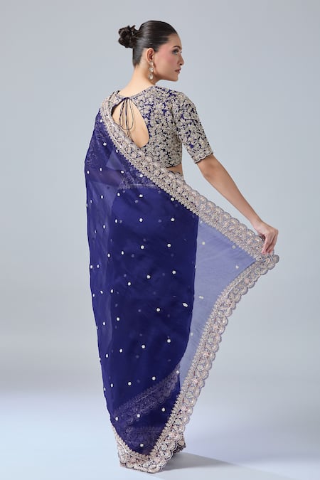 Shop_Azeera_Blue Chiffon, Georgette Embroidery, Diamonds, Sequins Floral Saree With Blouse _at_Aza_Fashions