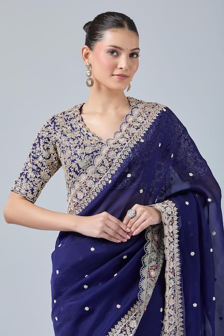 Buy_Azeera_Blue Chiffon, Georgette Embroidery, Diamonds, Sequins Floral Saree With Blouse _Online_at_Aza_Fashions