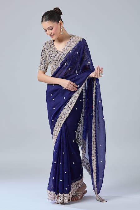 Shop_Azeera_Blue Chiffon, Georgette Embroidery, Diamonds, Sequins Floral Saree With Blouse _Online_at_Aza_Fashions