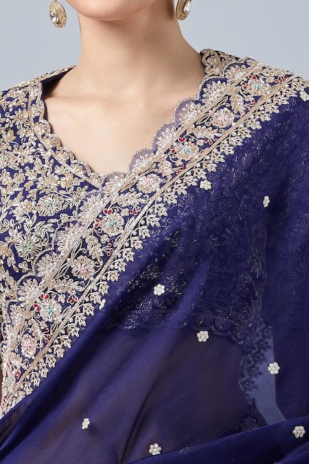 Azeera_Blue Chiffon, Georgette Embroidery, Diamonds, Sequins Floral Saree With Blouse _at_Aza_Fashions