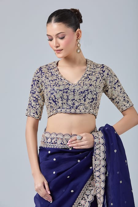 Buy_Azeera_Blue Chiffon, Georgette Embroidery, Diamonds, Sequins Floral Saree With Blouse 