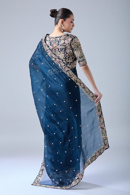 Shop Azeera Navy Silk, Chiffon, Georgette Sequins, Diamonds, Blue Dori Floral Saree Set at Aza Fashions Shop_Azeera_Navy Silk, Chiffon, Georgette Sequins, Diamonds, Blue Dori Floral Saree Set _at_Aza_Fashions