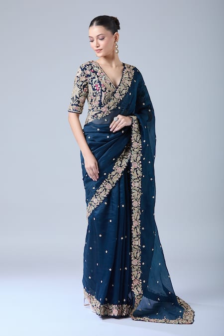 Azeera Navy Silk, Chiffon, Georgette Sequins, Diamonds, Blue Dori Floral Saree Set Online at Aza Fashions Azeera_Navy Silk, Chiffon, Georgette Sequins, Diamonds, Blue Dori Floral Saree Set _Online_at_Aza_Fashions
