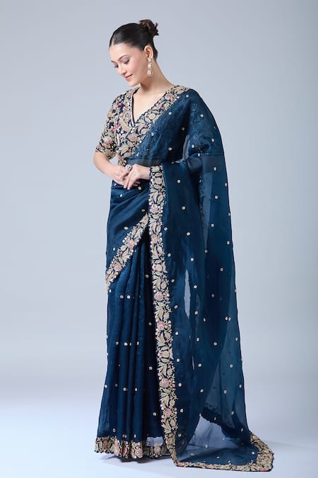 Shop Azeera Navy Silk, Chiffon, Georgette Sequins, Diamonds, Blue Dori Floral Saree Set Online at Aza Fashions Shop_Azeera_Navy Silk, Chiffon, Georgette Sequins, Diamonds, Blue Dori Floral Saree Set _Online_at_Aza_Fashions