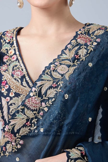 Azeera Navy Silk, Chiffon, Georgette Sequins, Diamonds, Blue Dori Floral Saree Set at Aza Fashions Azeera_Navy Silk, Chiffon, Georgette Sequins, Diamonds, Blue Dori Floral Saree Set _at_Aza_Fashions