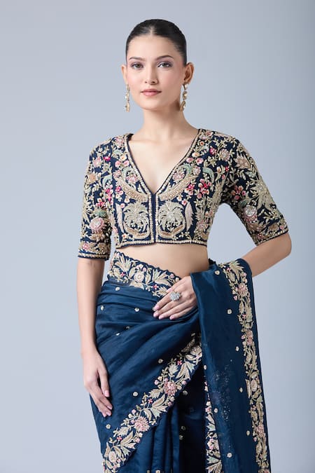 Buy Azeera Navy Silk, Chiffon, Georgette Sequins, Diamonds, Blue Dori Floral Saree Set Buy_Azeera_Navy Silk, Chiffon, Georgette Sequins, Diamonds, Blue Dori Floral Saree Set