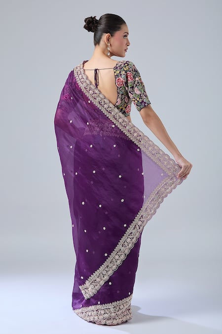 Shop Azeera Purple Georgette, Chiffon Sequins, Diamonds, Floral Saree With Blouse at Aza Fashions Shop_Azeera_Purple Georgette, Chiffon Sequins, Diamonds, Floral Saree With Blouse _at_Aza_Fashions