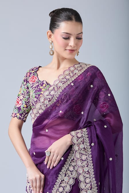 Buy Azeera Purple Georgette, Chiffon Sequins, Diamonds, Floral Saree With Blouse Online at Aza Fashions Buy_Azeera_Purple Georgette, Chiffon Sequins, Diamonds, Floral Saree With Blouse _Online_at_Aza_Fashions