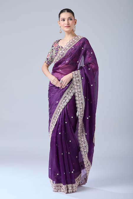 Shop Azeera Purple Georgette, Chiffon Sequins, Diamonds, Floral Saree With Blouse Online at Aza Fashions Shop_Azeera_Purple Georgette, Chiffon Sequins, Diamonds, Floral Saree With Blouse _Online_at_Aza_Fashions