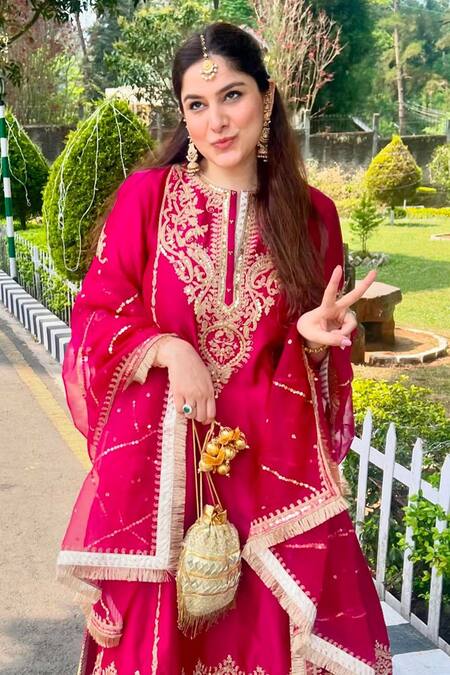 Buy_Sheetal Batra_Pink , Chanderi, Organza Mahika Kiran Dori Embroidered A-line Kurta Set 