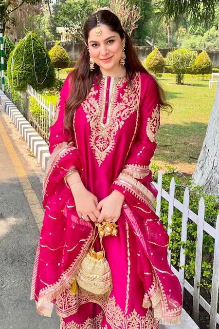 Shop_Sheetal Batra_Pink , Chanderi, Organza Mahika Kiran Dori Embroidered A-line Kurta Set 