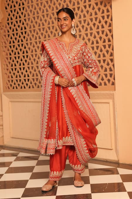 Shop_Sheetal Batra_Orange , Chanderi Embroidery Aiman Chauga Kurta Salwar Set 