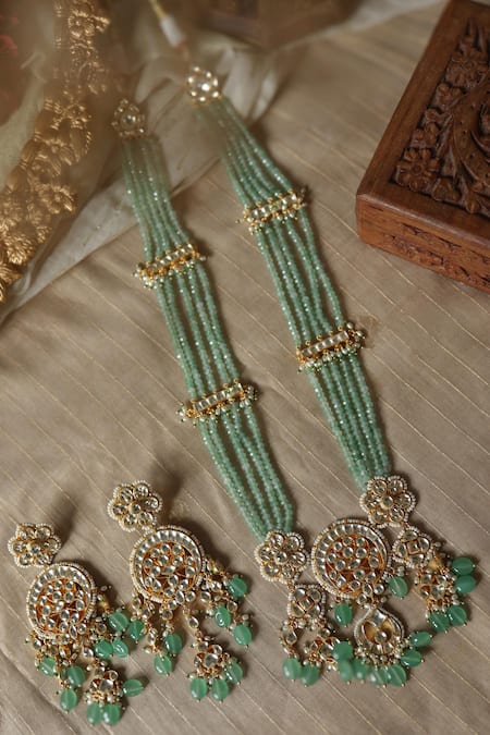 Shop Paisley Pop Green Rhinestones, Stones Mint Onyx Kundan Necklace Set at Aza Fashions Shop_Paisley Pop_Green Rhinestones, Stones Mint Onyx Kundan Necklace Set _at_Aza_Fashions