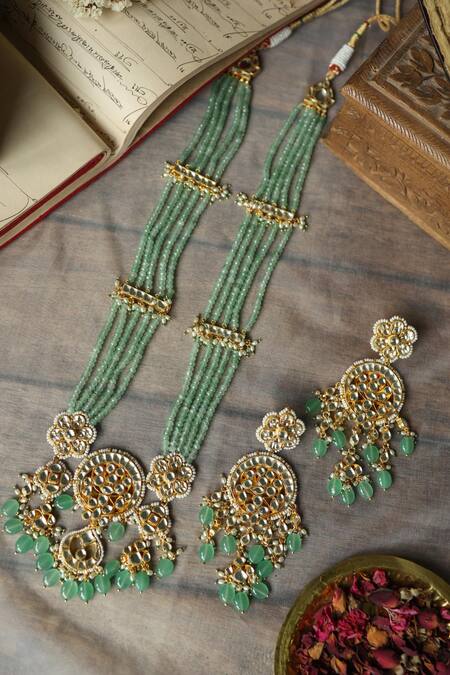 Shop Paisley Pop Green Rhinestones, Stones Mint Onyx Kundan Necklace Set Online at Aza Fashions Shop_Paisley Pop_Green Rhinestones, Stones Mint Onyx Kundan Necklace Set _Online_at_Aza_Fashions