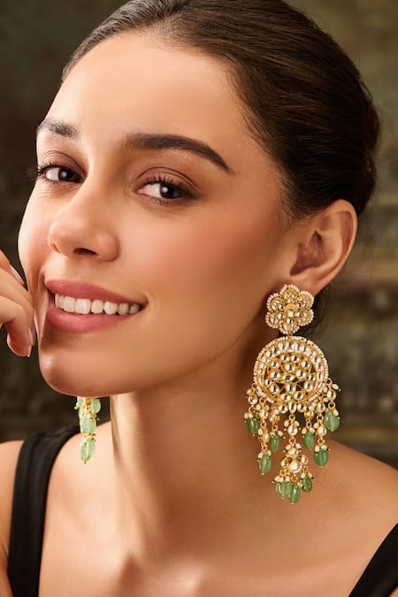 Paisley Pop Green Lace, Stones, Studs Kundan And Onyx Phool Drop Earrings 