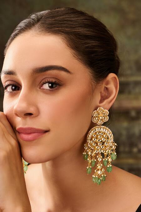 Paisley Pop_Green Lace, Stones, Studs Kundan And Onyx Phool Drop Earrings _Online_at_Aza_Fashions