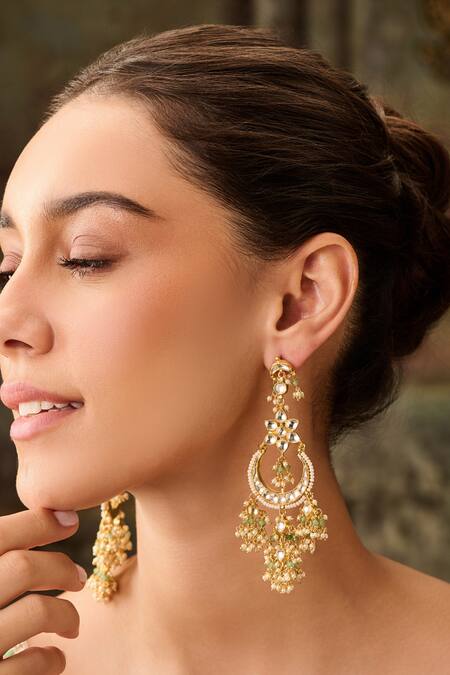 Buy Paisley Pop Green Pearls, Gota Patti, Stones Gold Plated Kundan Chandbali Earrings Online at Aza Fashions Buy_Paisley Pop_Green Pearls, Gota Patti, Stones Gold Plated Kundan Chandbali Earrings _Online_at_Aza_Fashions