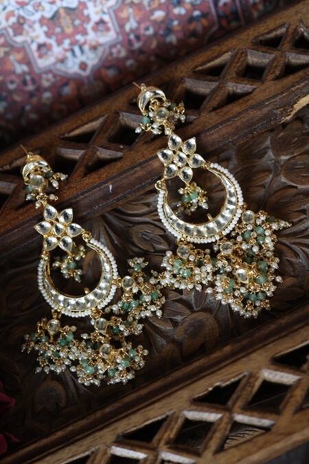 Shop Paisley Pop Green Pearls, Gota Patti, Stones Gold Plated Kundan Chandbali Earrings Online at Aza Fashions Shop_Paisley Pop_Green Pearls, Gota Patti, Stones Gold Plated Kundan Chandbali Earrings _Online_at_Aza_Fashions