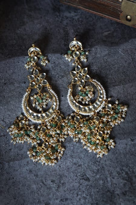 Shop Paisley Pop Green Pearls, Gota Patti, Stones Gold Plated Kundan Chandbali Earrings at Aza Fashions Shop_Paisley Pop_Green Pearls, Gota Patti, Stones Gold Plated Kundan Chandbali Earrings _at_Aza_Fashions