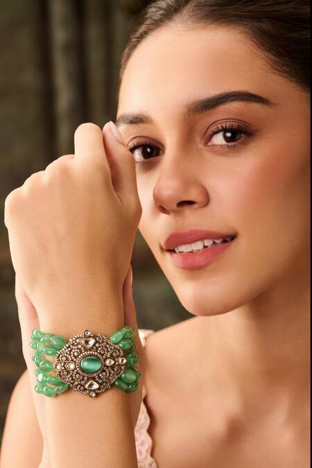Paisley Pop_Green Crystals, Stones Victorian Polki Bracelet _Online_at_Aza_Fashions
