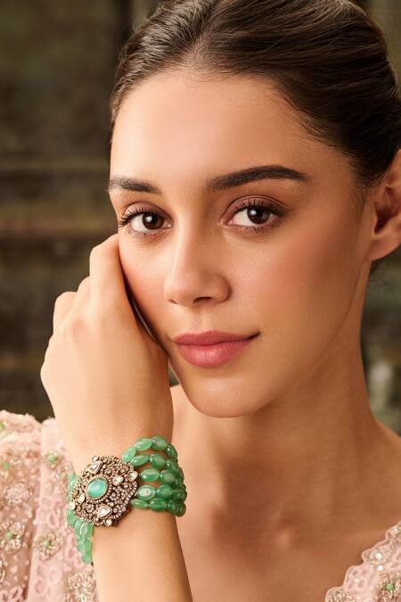 Buy_Paisley Pop_Green Crystals, Stones Victorian Polki Bracelet _Online_at_Aza_Fashions