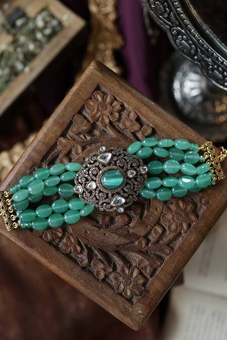 Shop_Paisley Pop_Green Crystals, Stones Victorian Polki Bracelet _Online_at_Aza_Fashions