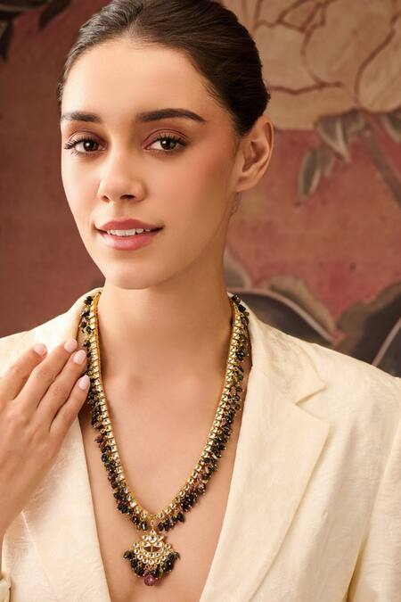 Paisley Pop_Multi Color Kundan And Tourmaline Long Necklace _Online_at_Aza_Fashions