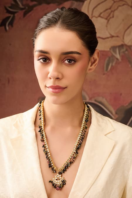 Buy_Paisley Pop_Multi Color Kundan And Tourmaline Long Necklace _Online_at_Aza_Fashions