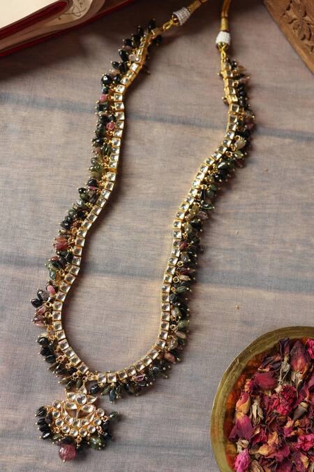 Shop_Paisley Pop_Multi Color Kundan And Tourmaline Long Necklace _Online_at_Aza_Fashions
