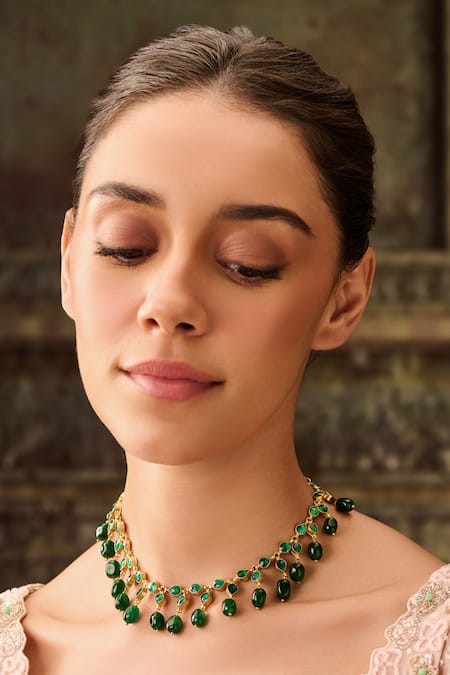 Paisley Pop Green Kundan And Natural Stone Necklace Online at Aza Fashions Paisley Pop_Green Kundan And Natural Stone Necklace _Online_at_Aza_Fashions