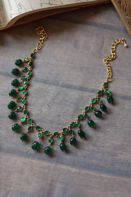 Shop Paisley Pop Green Kundan And Natural Stone Necklace Online at Aza Fashions Shop_Paisley Pop_Green Kundan And Natural Stone Necklace _Online_at_Aza_Fashions