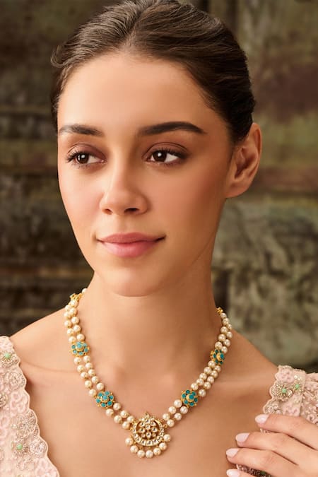 Paisley Pop_Blue Crescent Kundan Pearl Necklace _Online_at_Aza_Fashions