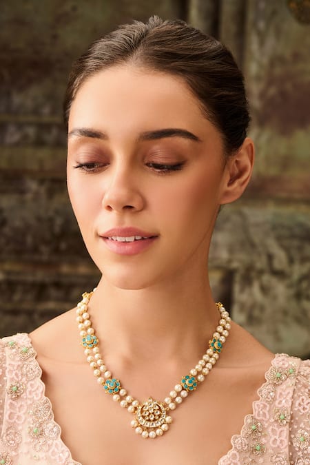 Buy_Paisley Pop_Blue Crescent Kundan Pearl Necklace _Online_at_Aza_Fashions