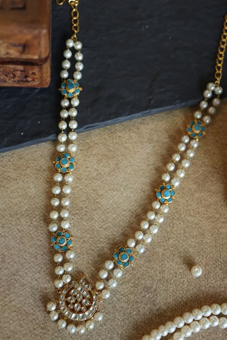 Shop_Paisley Pop_Blue Crescent Kundan Pearl Necklace _Online_at_Aza_Fashions